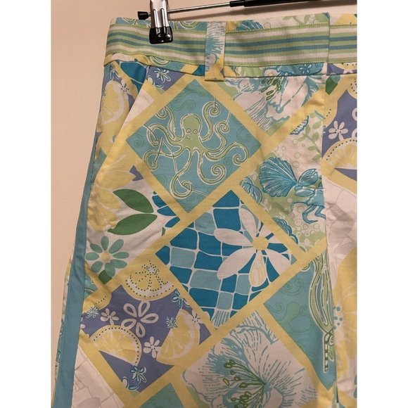 Lilly Pulitzer Bermuda Shorts Octopus Crab Floral Size 2‎ Blue Yellow Flat Front - Picture 3 of 4
